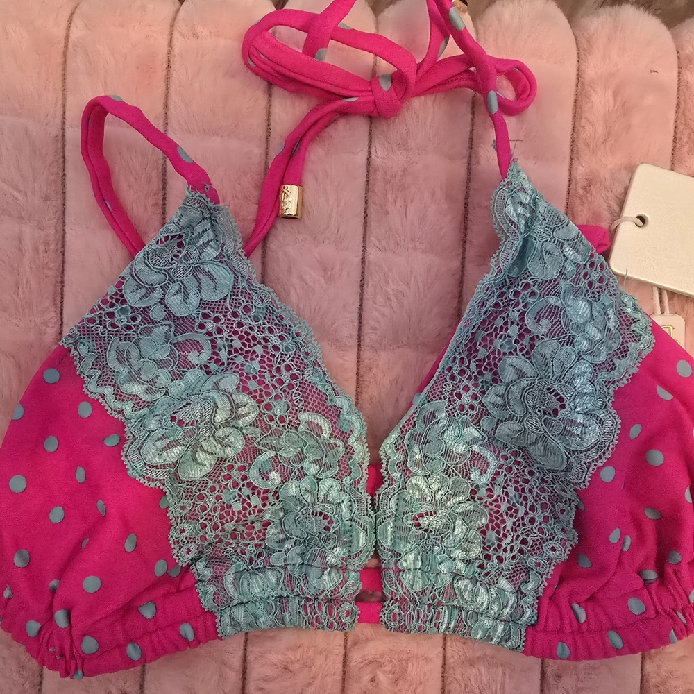 Beach Bunny Pink and Blue Lace Bikini Top